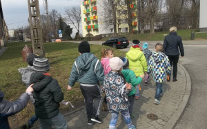 Dzieci z grup 5 - 6 latków i 6 latków szukają zwiastunów wiosny